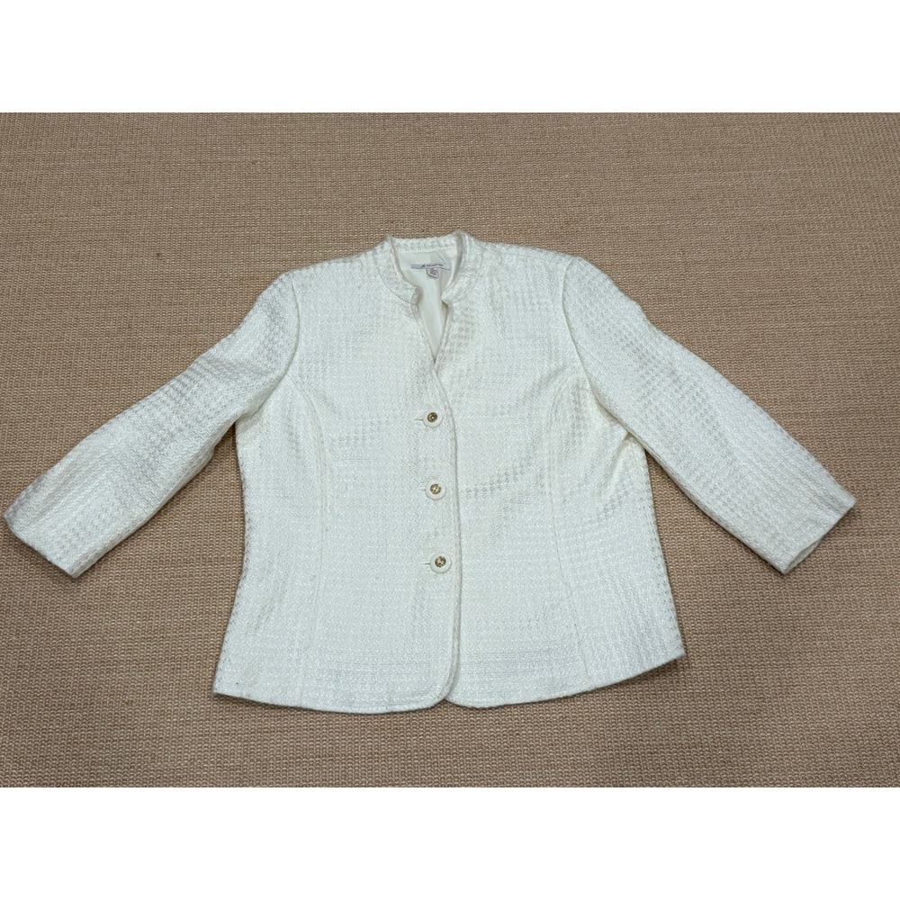 JM Collection Womens White Textured Tweed Mock Neck Blazer Jacket Size 16